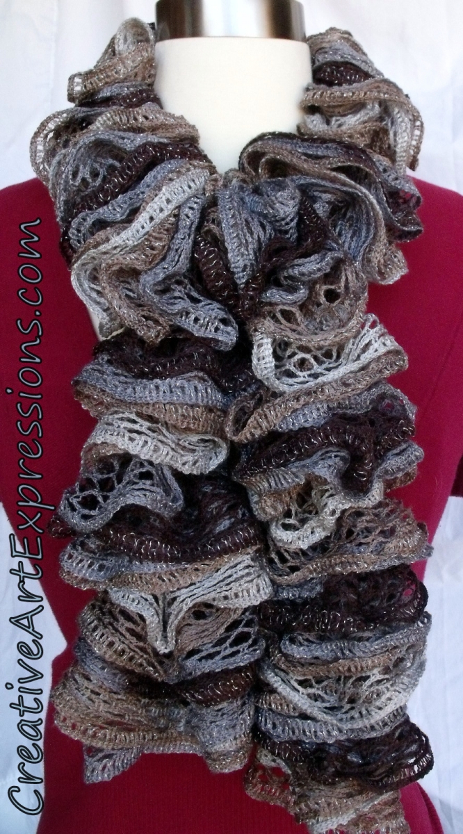 Creative Art Expressions Hand Knit Gray & Brown Ruffle Scarf